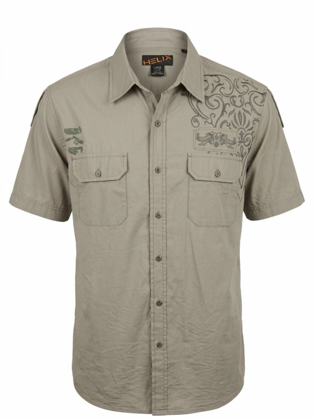 HELIX Men’s Button Up Shirt Large – Khaki Utility Style – Metal Logo Buttons –